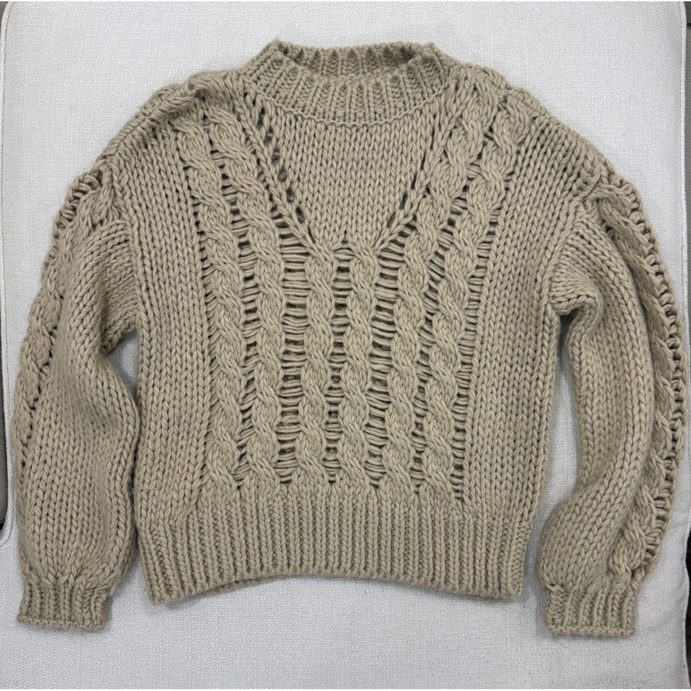 NA-KD Sweater Womens XXS/XS Beige Chunky Open Cable Knit Crew Neck Excellent
